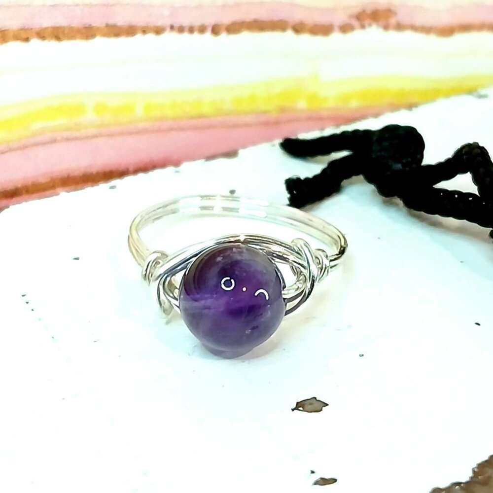 Amethyst Gemstone Beaded Wire Ring, Crystal Dainty Chic Cute Silver